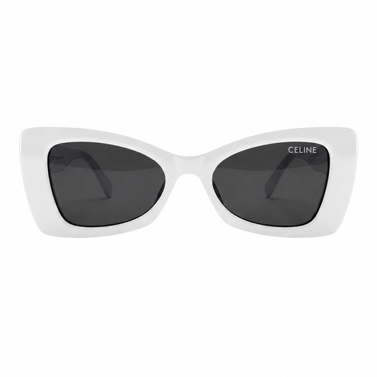 Celine 3743 Designer Bold Cat-Eye Sunglasses – Pure White Acetate with Gold Dot Detail, Celine Branding & Dark Grey UV Protection Lenses
