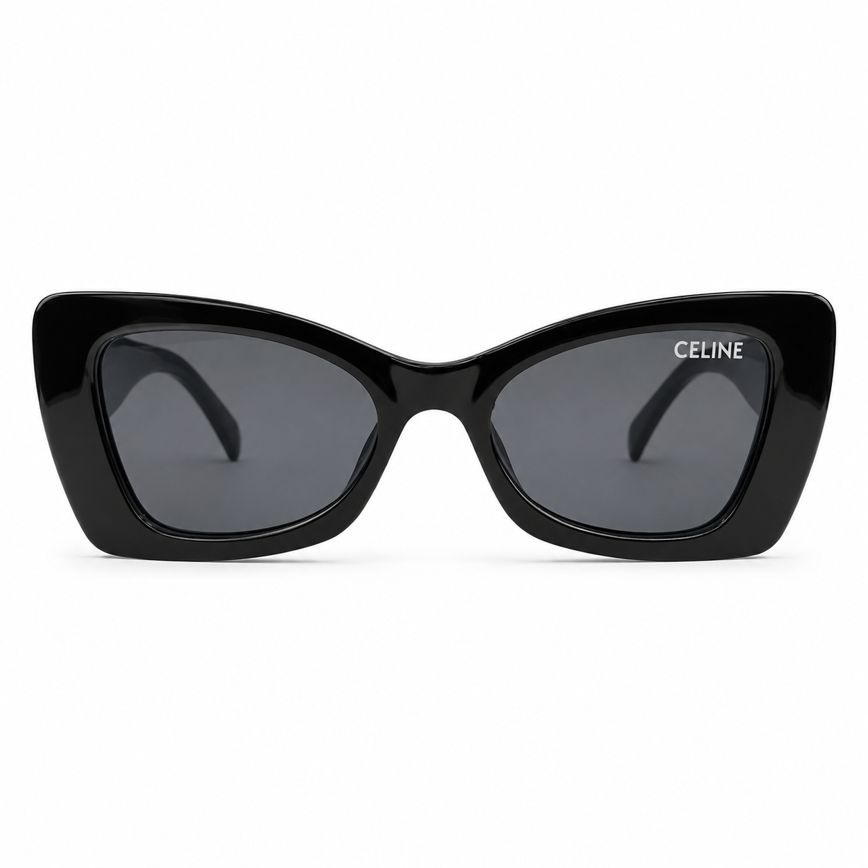 Celine 3743 Luxury Bold Cat-Eye Sunglasses – Glossy Black Acetate with Iconic Silver Celine Temple Branding, Dot Detail & Dark Grey UV Protection Lenses