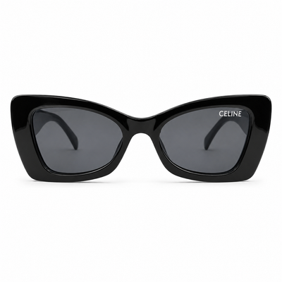 Celine 3743 Luxury Bold Cat-Eye Sunglasses – Glossy Black Acetate with Iconic Silver Celine Temple Branding, Dot Detail & Dark Grey UV Protection Lenses