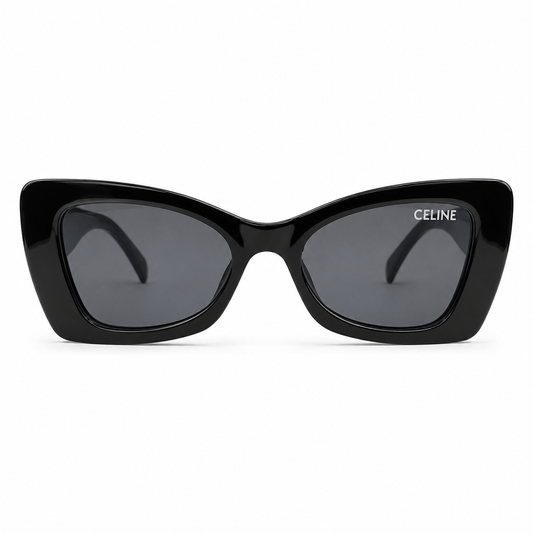 Celine 3743 Luxury Bold Cat-Eye Sunglasses – Glossy Black Acetate with Iconic Silver Celine Temple Branding, Dot Detail & Dark Grey UV Protection Lenses