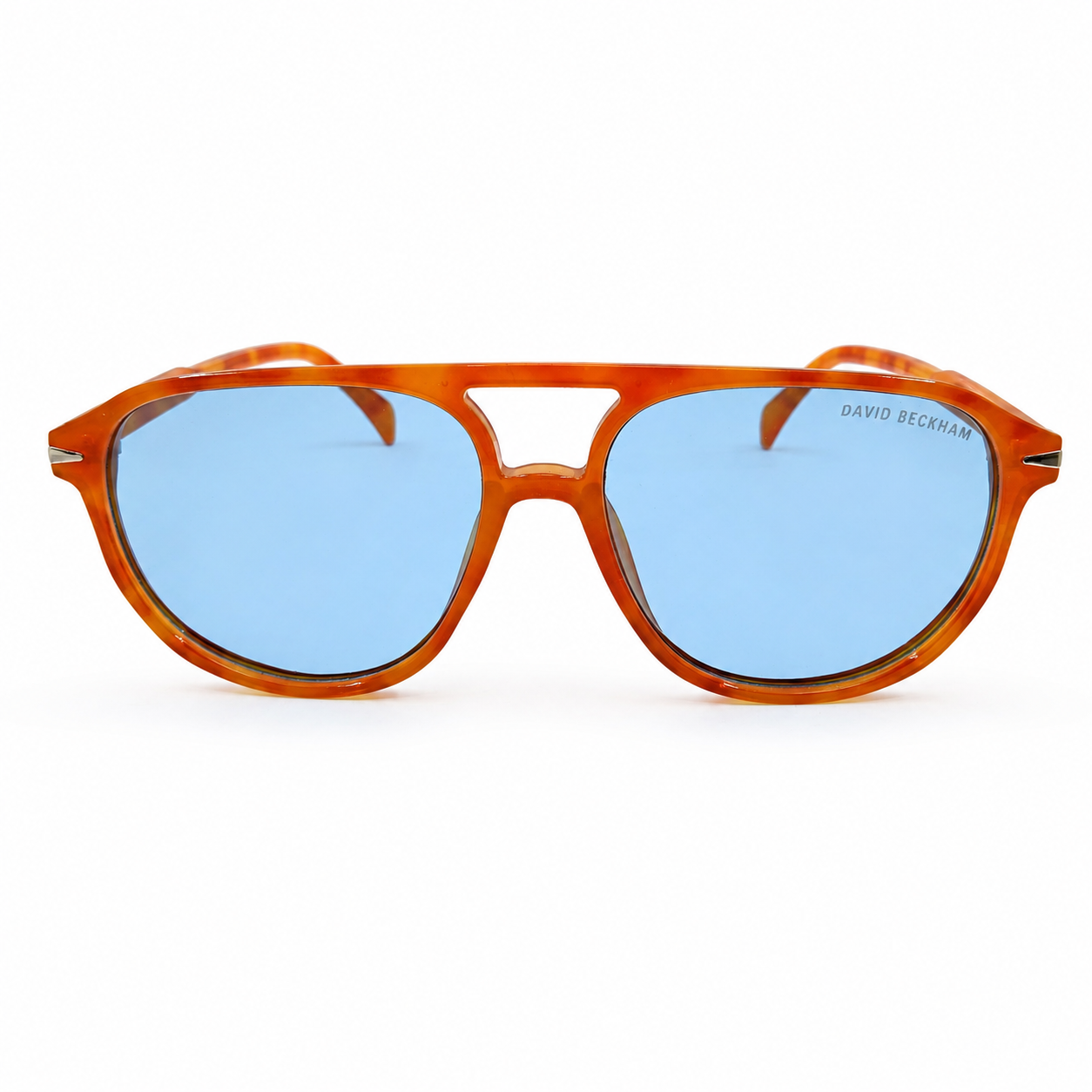 David Beckham 89262 Luxury Pilot Aviator Sunglasses – Tortoise Amber Acetate with Cut-Out Bridge, DB Branding & Light Blue UV Protection Lenses