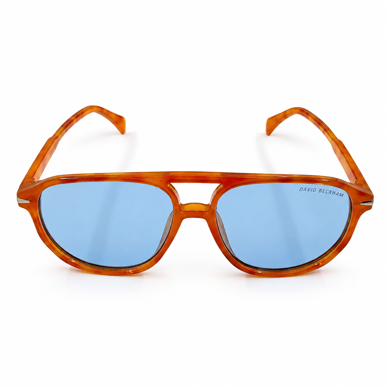 David Beckham 89262 Luxury Pilot Aviator Sunglasses – Tortoise Amber Acetate with Cut-Out Bridge, DB Branding & Light Blue UV Protection Lenses