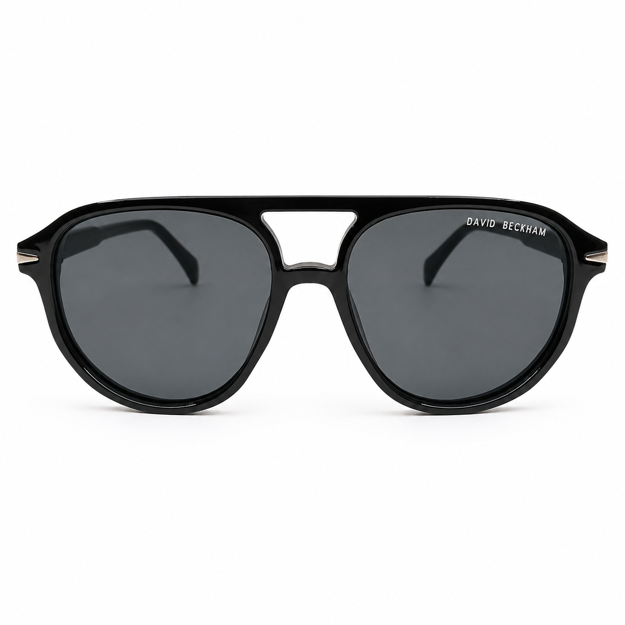 David Beckham 89262 Luxury Pilot Aviator Sunglasses – Glossy Black Acetate with Gold David Beckham Temple Branding, Cut-Out Bridge & Dark Grey UV Protection Lenses
