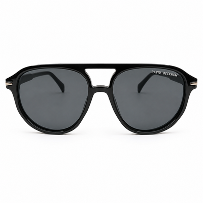 David Beckham 89262 Luxury Pilot Aviator Sunglasses – Glossy Black Acetate with Gold David Beckham Temple Branding, Cut-Out Bridge & Dark Grey UV Protection Lenses