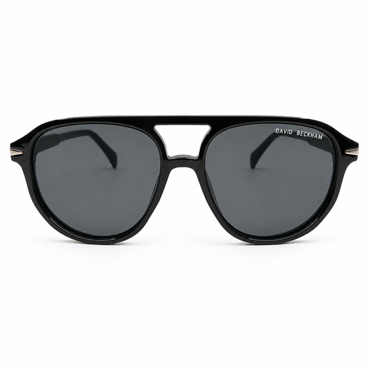 David Beckham 89262 Luxury Pilot Aviator Sunglasses – Glossy Black Acetate with Gold David Beckham Temple Branding, Cut-Out Bridge & Dark Grey UV Protection Lenses