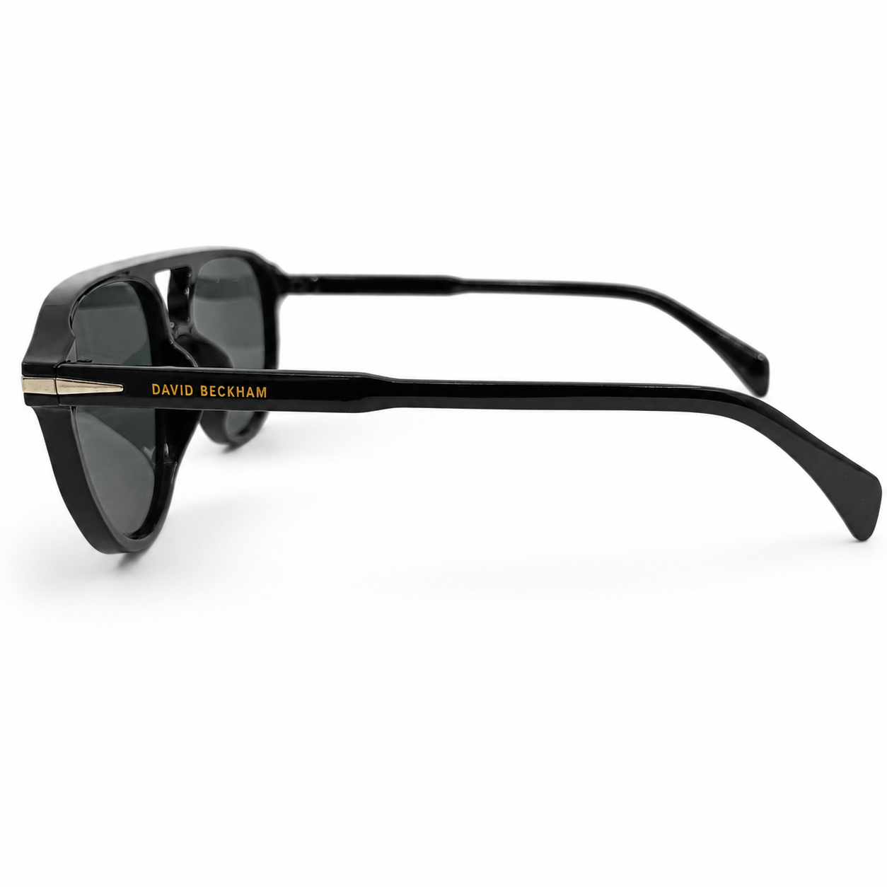 David Beckham 89262 Luxury Pilot Aviator Sunglasses – Glossy Black Acetate with Gold David Beckham Temple Branding, Cut-Out Bridge & Dark Grey UV Protection Lenses