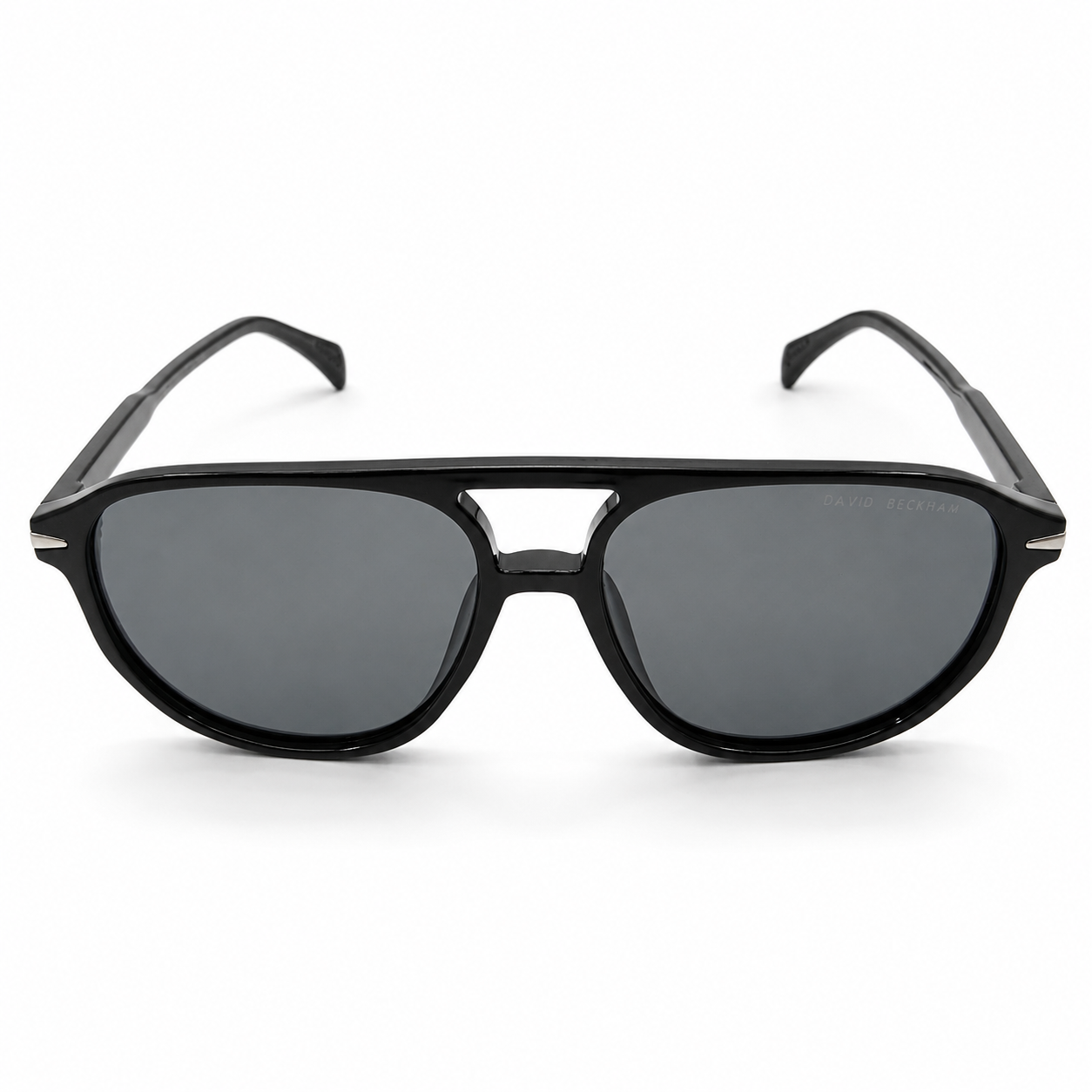 David Beckham 89262 Luxury Pilot Aviator Sunglasses – Glossy Black Acetate with Gold David Beckham Temple Branding, Cut-Out Bridge & Dark Grey UV Protection Lenses