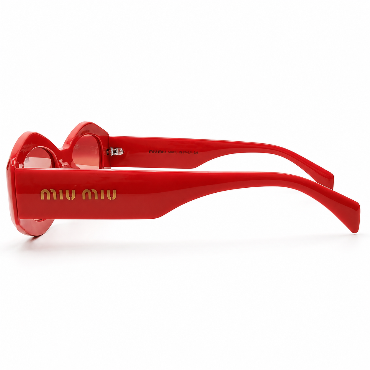 Miu Miu 5713 Luxury Oversized Geometric Sunglasses – Glossy Cherry Red Acetate with Iconic Gold Miu Miu Temple Branding & Red Tinted UV Protection Lenses