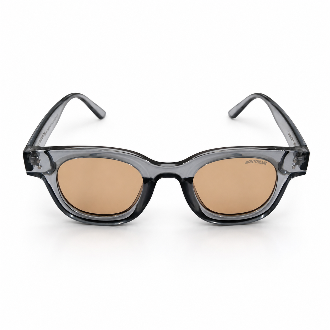 Montblanc 89210 Luxury Bold Round Sunglasses – Transparent Crystal Grey Acetate with Gold Montblanc Temple Branding, Silver Rivet Detail & Brown Tinted UV Protection Lenses