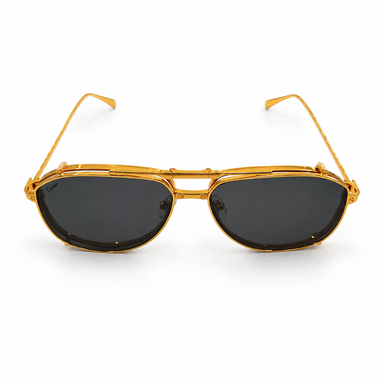 Cartier 0635 Premium 2-in-1 Aviator – Gold Plated Metal with Removable Black Clip-On Sunglass Lenses over Clear Optical Lenses & Iconic Cartier Double Bridge