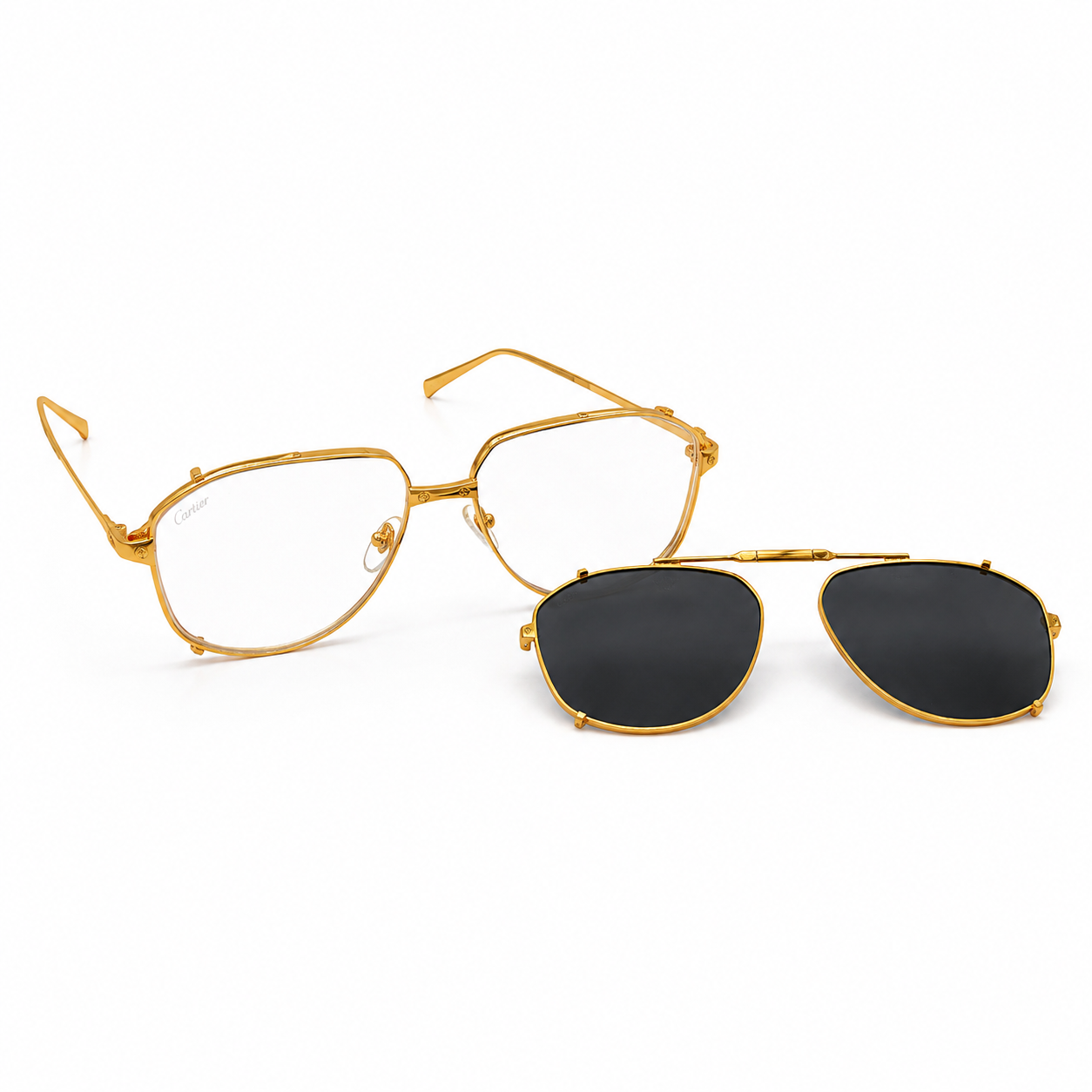 Cartier 0635 Premium 2-in-1 Aviator – Gold Plated Metal with Removable Black Clip-On Sunglass Lenses over Clear Optical Lenses & Iconic Cartier Double Bridge