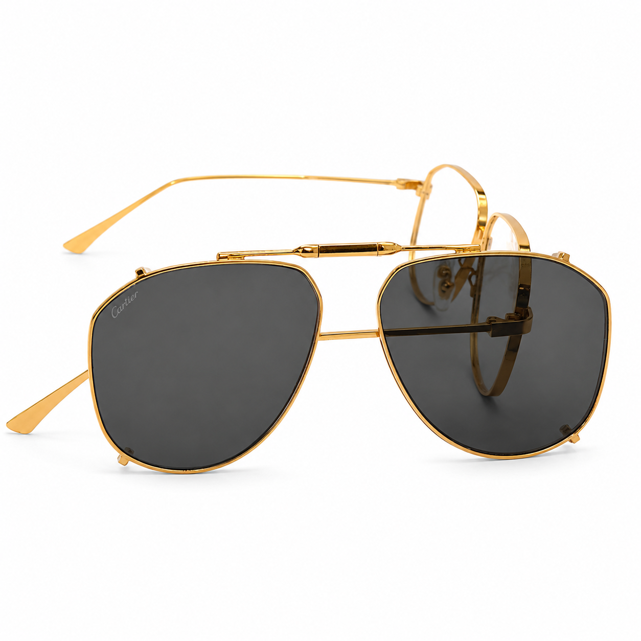 Cartier 0635 Premium 2-in-1 Aviator – Gold Plated Metal with Removable Black Clip-On Sunglass Lenses over Clear Optical Lenses & Iconic Cartier Double Bridge