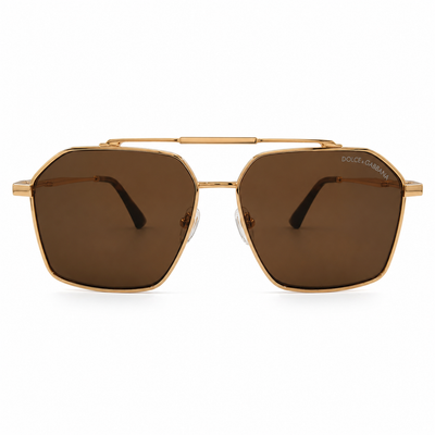 Dolce & Gabbana DG3271 Bold Geometric Navigator Sunglasses – Glossy Gold Metal, Double Bridge, Ribbed Detail & Dark Brown UV Protection Lenses