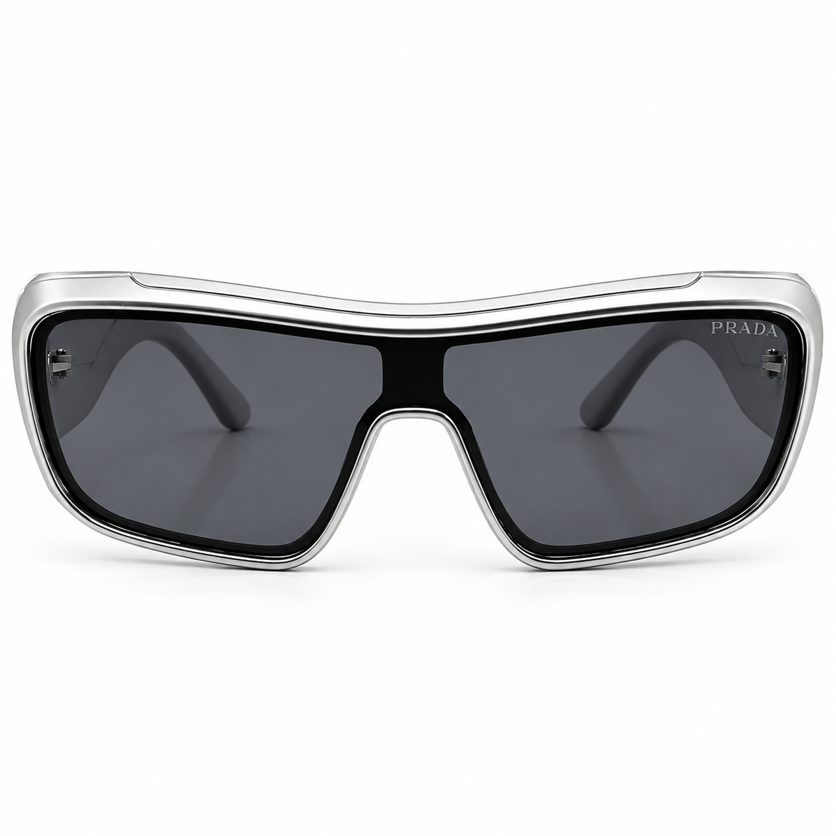 Prada 99312 Luxury Shield Sunglasses - Silver Metal Frame with White Acetate Temples & Dark Grey Lenses