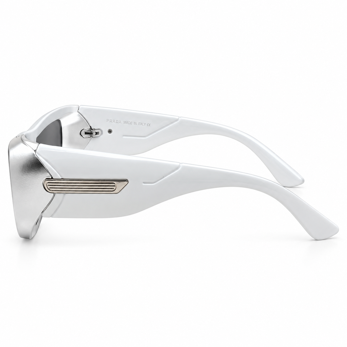 Prada 99312 Luxury Shield Sunglasses - Silver Metal Frame with White Acetate Temples & Dark Grey Lenses