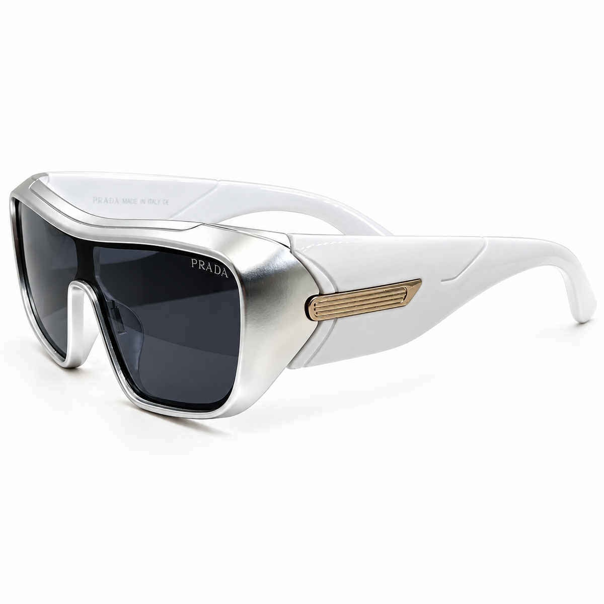 Prada 99312 Luxury Shield Sunglasses - Silver Metal Frame with White Acetate Temples & Dark Grey Lenses