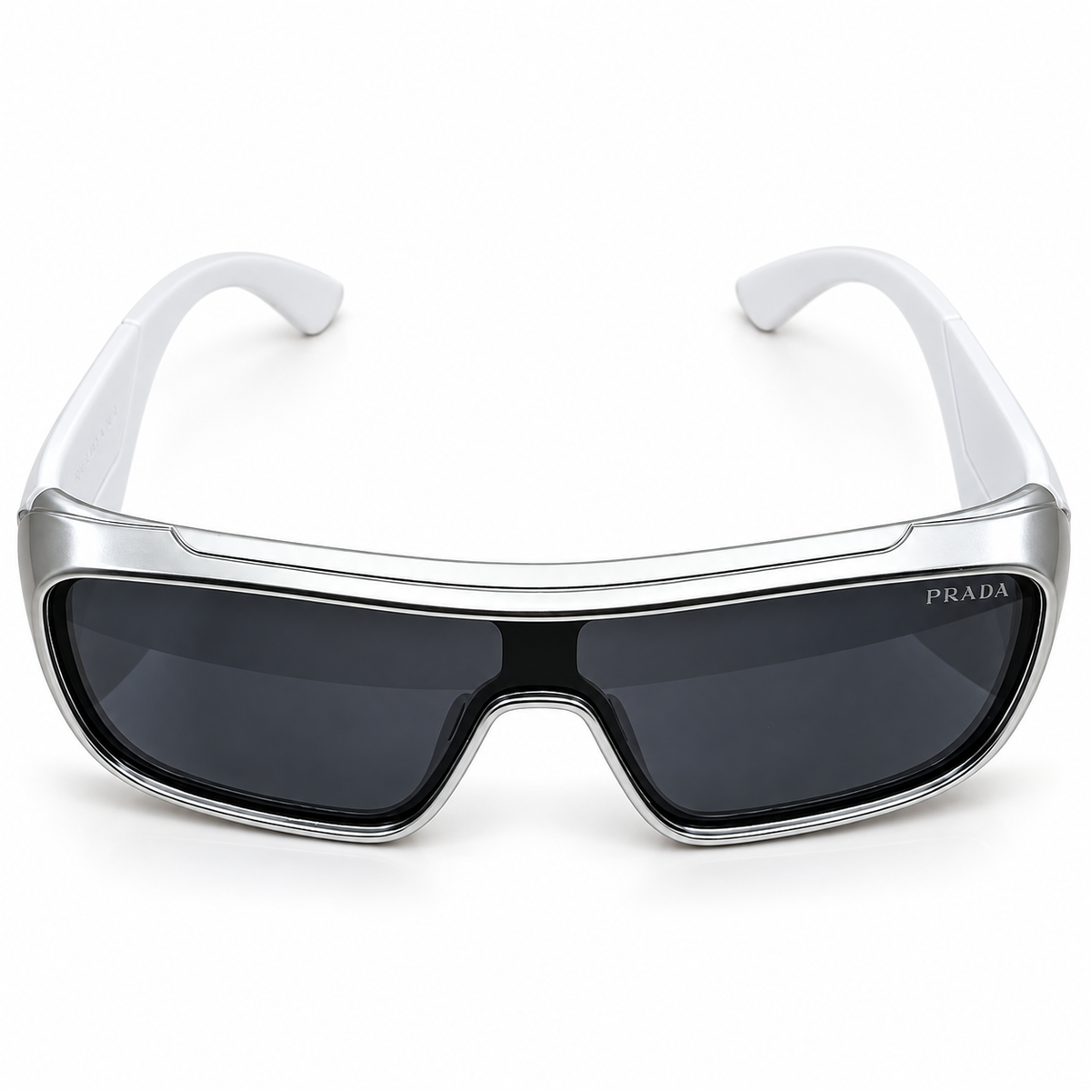 Prada 99312 Luxury Shield Sunglasses - Silver Metal Frame with White Acetate Temples & Dark Grey Lenses