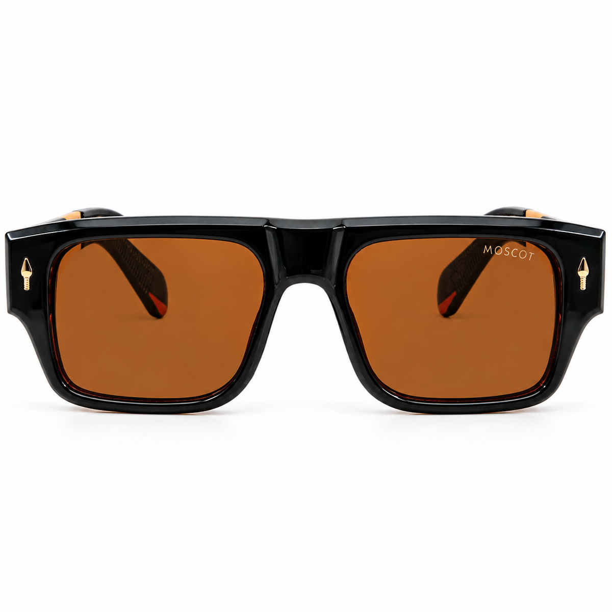 Moscot 98355 Luxury Rectangle Sunglasses - Black & Amber Acetate Frame with Gold Engraved Temple Detail & Brown Lenses