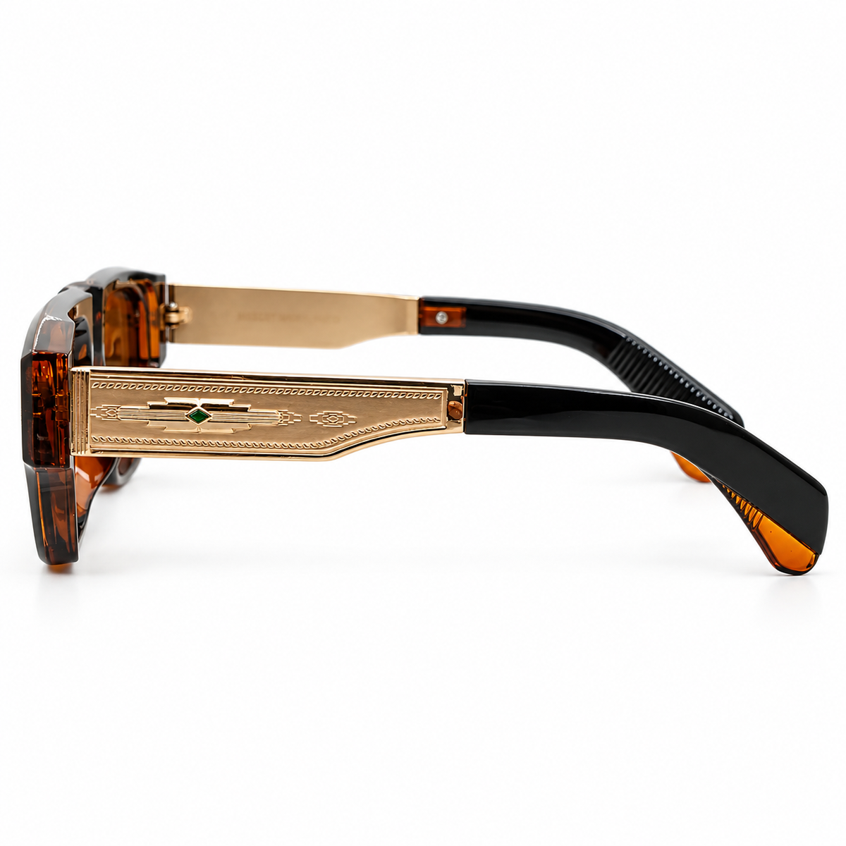Moscot 98355 Luxury Rectangle Sunglasses - Black & Amber Acetate Frame with Gold Engraved Temple Detail & Brown Lenses