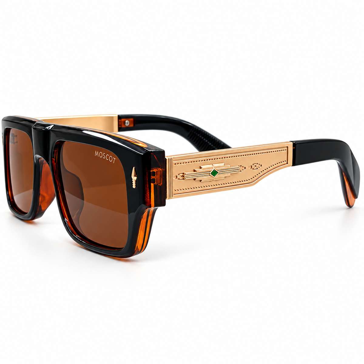 Moscot 98355 Luxury Rectangle Sunglasses - Black & Amber Acetate Frame with Gold Engraved Temple Detail & Brown Lenses
