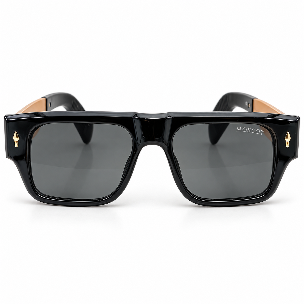 Moscot 98355 Luxury Rectangle Sunglasses - Glossy Black Acetate Frame with Gold Engraved Temple Detail & Dark Grey Lenses