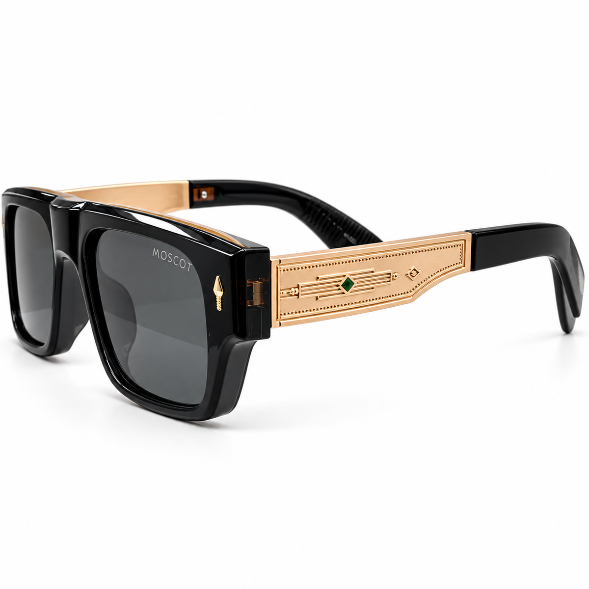 Moscot 98355 Luxury Rectangle Sunglasses - Glossy Black Acetate Frame with Gold Engraved Temple Detail & Dark Grey Lenses