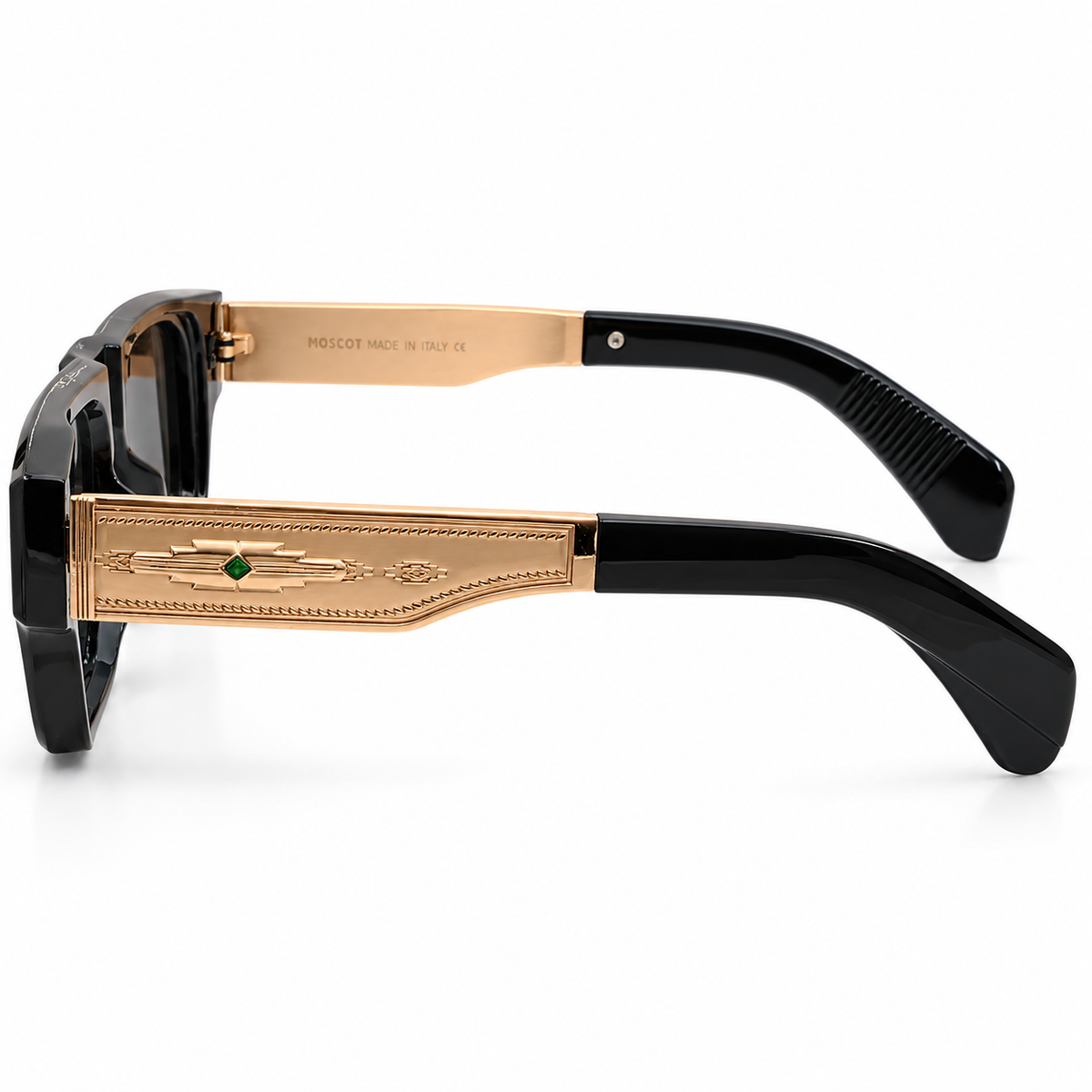 Moscot 98355 Luxury Rectangle Sunglasses - Glossy Black Acetate Frame with Gold Engraved Temple Detail & Dark Grey Lenses