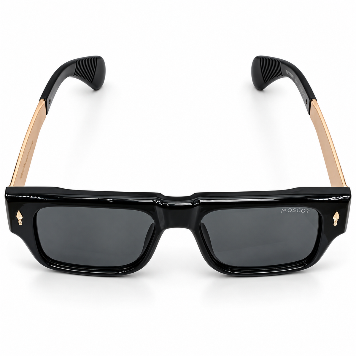 Moscot 98355 Luxury Rectangle Sunglasses - Glossy Black Acetate Frame with Gold Engraved Temple Detail & Dark Grey Lenses