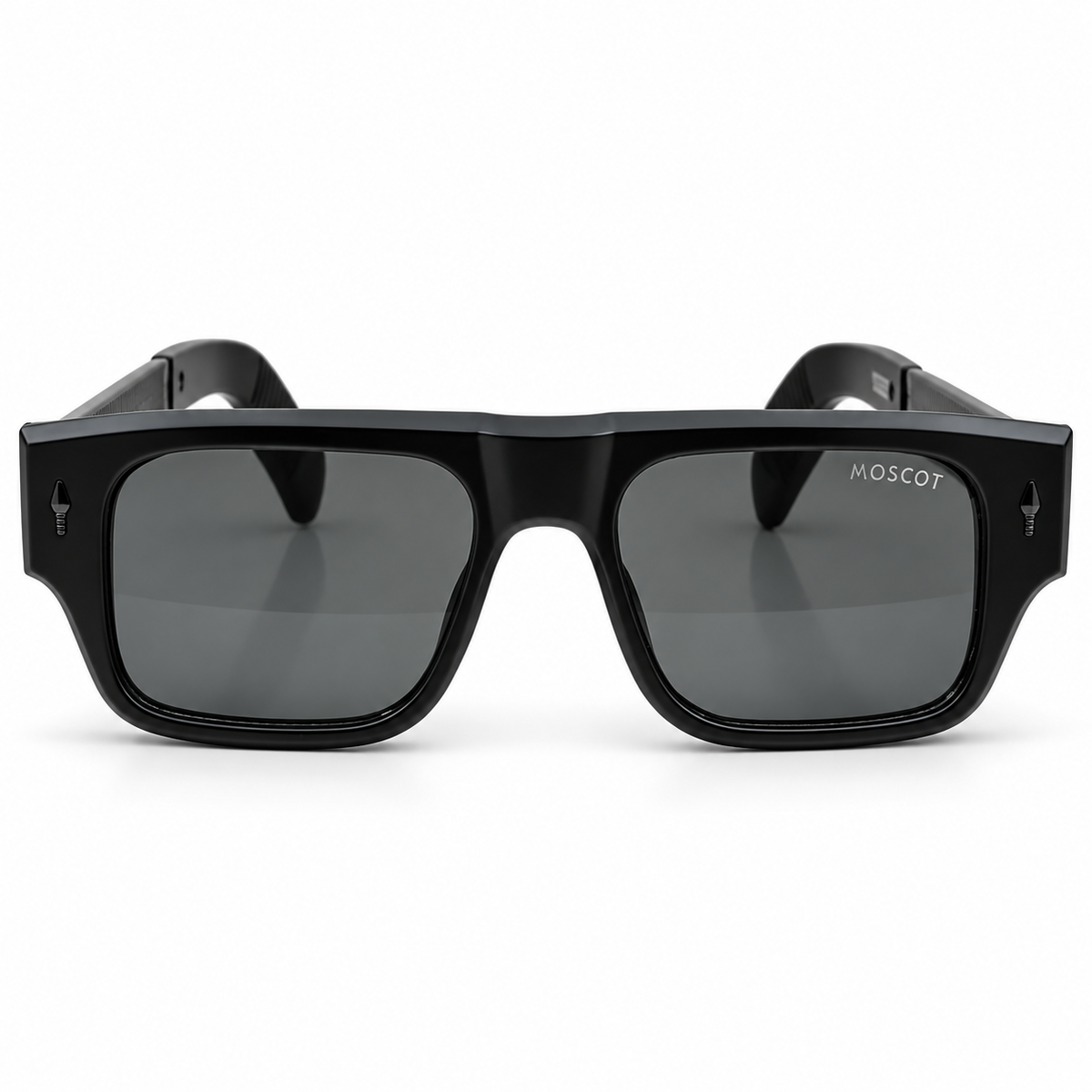 Moscot 98355 Luxury Rectangle Sunglasses - All-Black Matte Acetate Frame with Engraved Temple Detail & Dark Grey Lenses