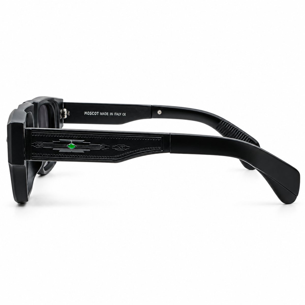 Moscot 98355 Luxury Rectangle Sunglasses - All-Black Matte Acetate Frame with Engraved Temple Detail & Dark Grey Lenses