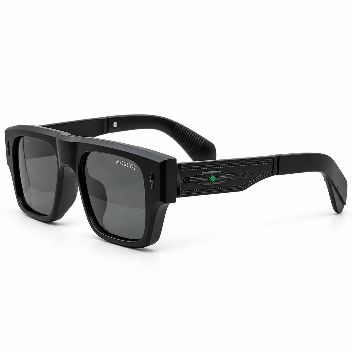 Moscot 98355 Luxury Rectangle Sunglasses - All-Black Matte Acetate Frame with Engraved Temple Detail & Dark Grey Lenses