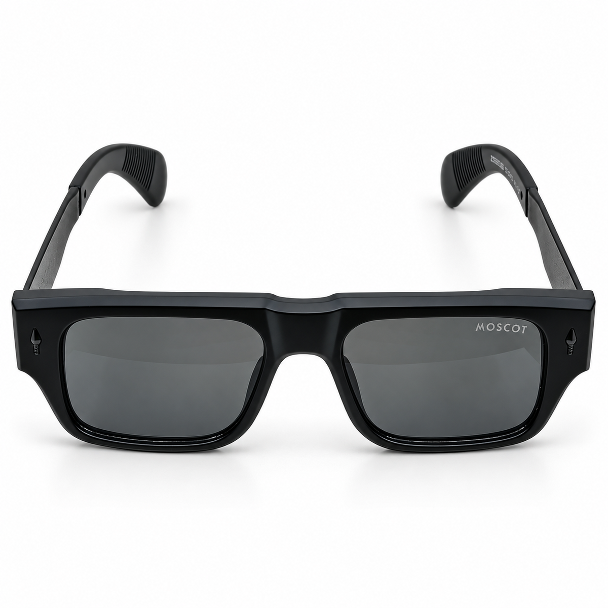 Moscot 98355 Luxury Rectangle Sunglasses - All-Black Matte Acetate Frame with Engraved Temple Detail & Dark Grey Lenses