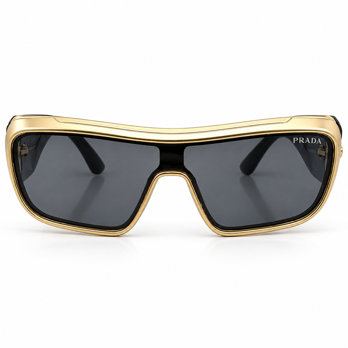 Prada 99312 Luxury Shield Sunglasses - Gold Metal Frame with Black Acetate Rim & Dark Grey Lenses