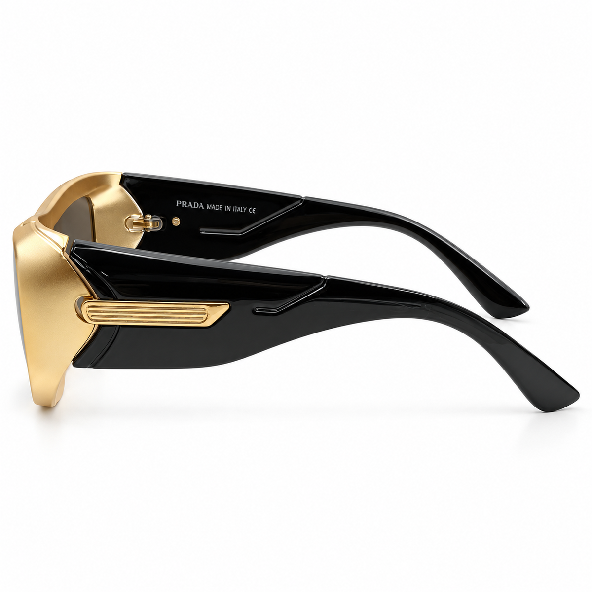 Prada 99312 Luxury Shield Sunglasses - Gold Metal Frame with Black Acetate Rim & Dark Grey Lenses