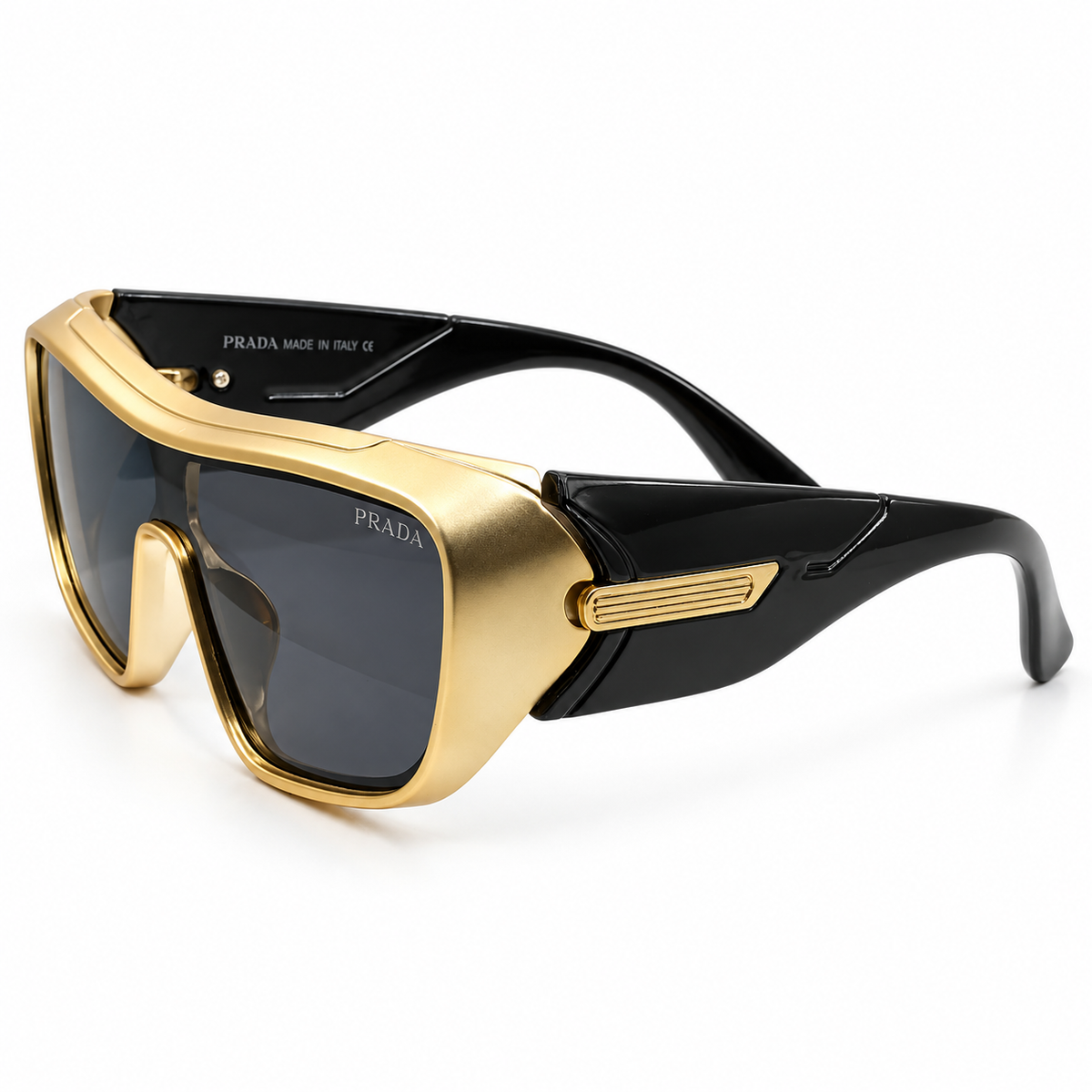 Prada 99312 Luxury Shield Sunglasses - Gold Metal Frame with Black Acetate Rim & Dark Grey Lenses