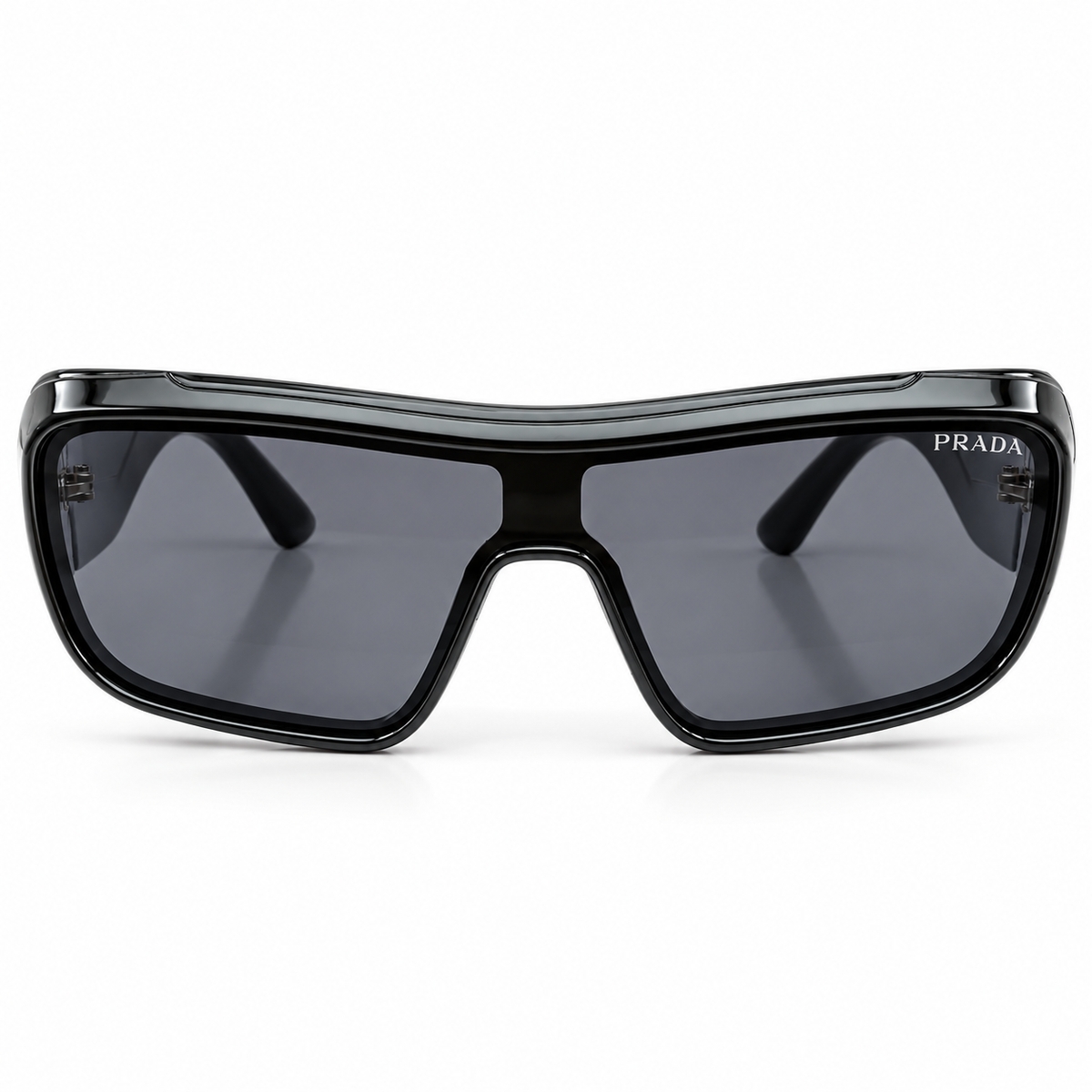 Prada 99312 Luxury Shield Sunglasses - Glossy Black Acetate Frame with Gold Ribbed Temple Detail & Dark Grey Lenses