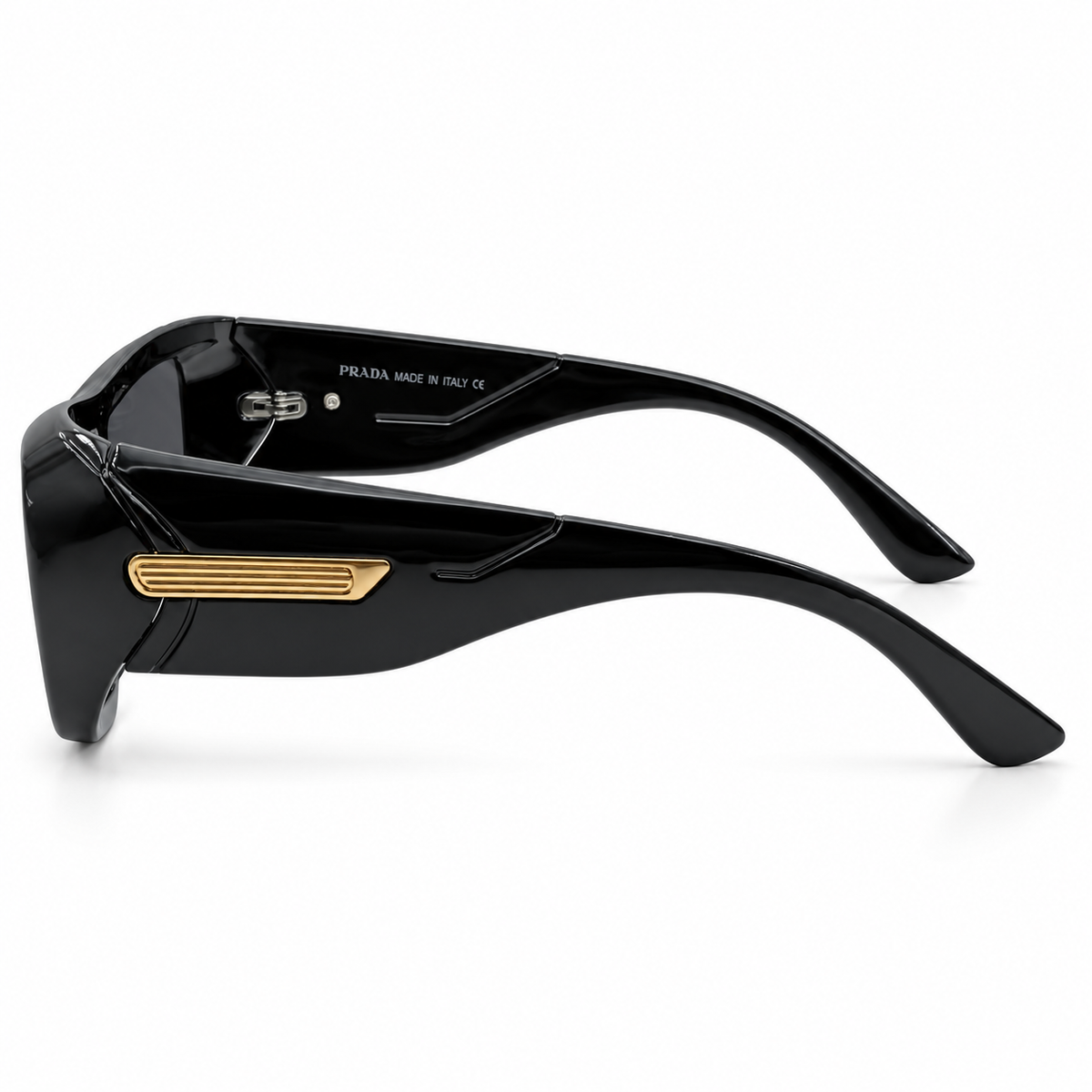 Prada 99312 Luxury Shield Sunglasses - Glossy Black Acetate Frame with Gold Ribbed Temple Detail & Dark Grey Lenses
