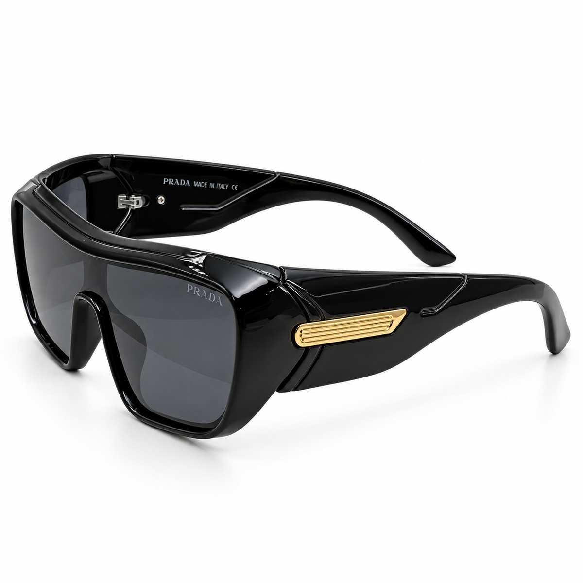 Prada 99312 Luxury Shield Sunglasses - Glossy Black Acetate Frame with Gold Ribbed Temple Detail & Dark Grey Lenses