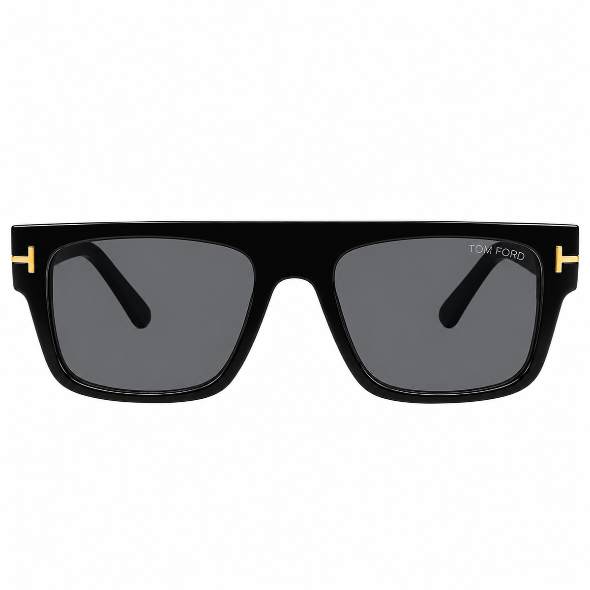 Tom Ford ZP04 Luxury Rectangle Sunglasses - Glossy Black Acetate Frame with Gold "T" Logo Temple Detail & Dark Grey Lenses