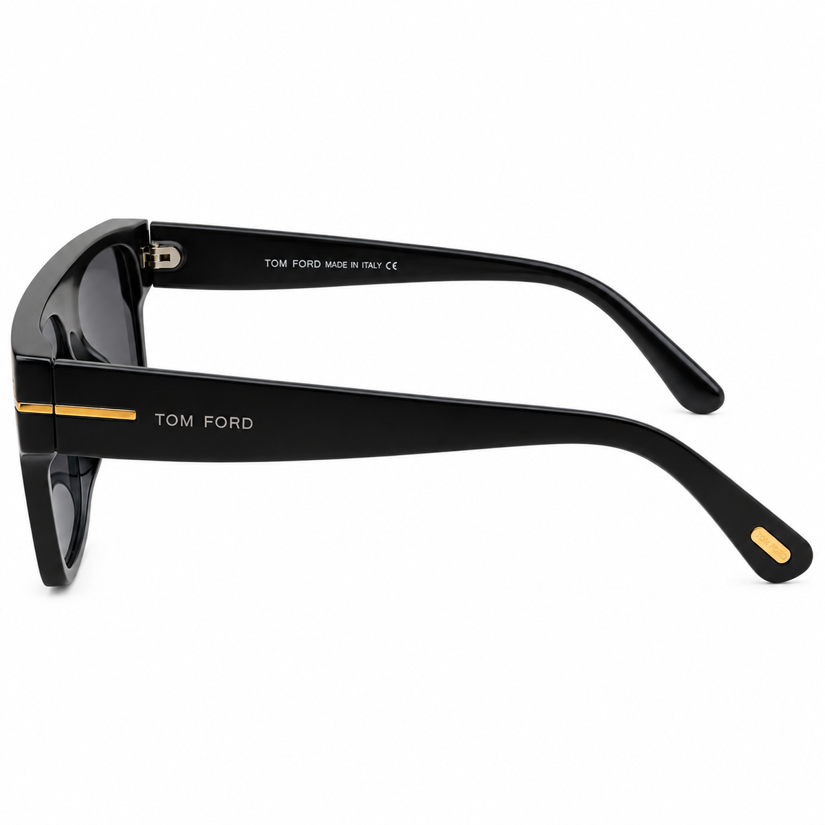 Tom Ford ZP04 Luxury Rectangle Sunglasses - Glossy Black Acetate Frame with Gold "T" Logo Temple Detail & Dark Grey Lenses