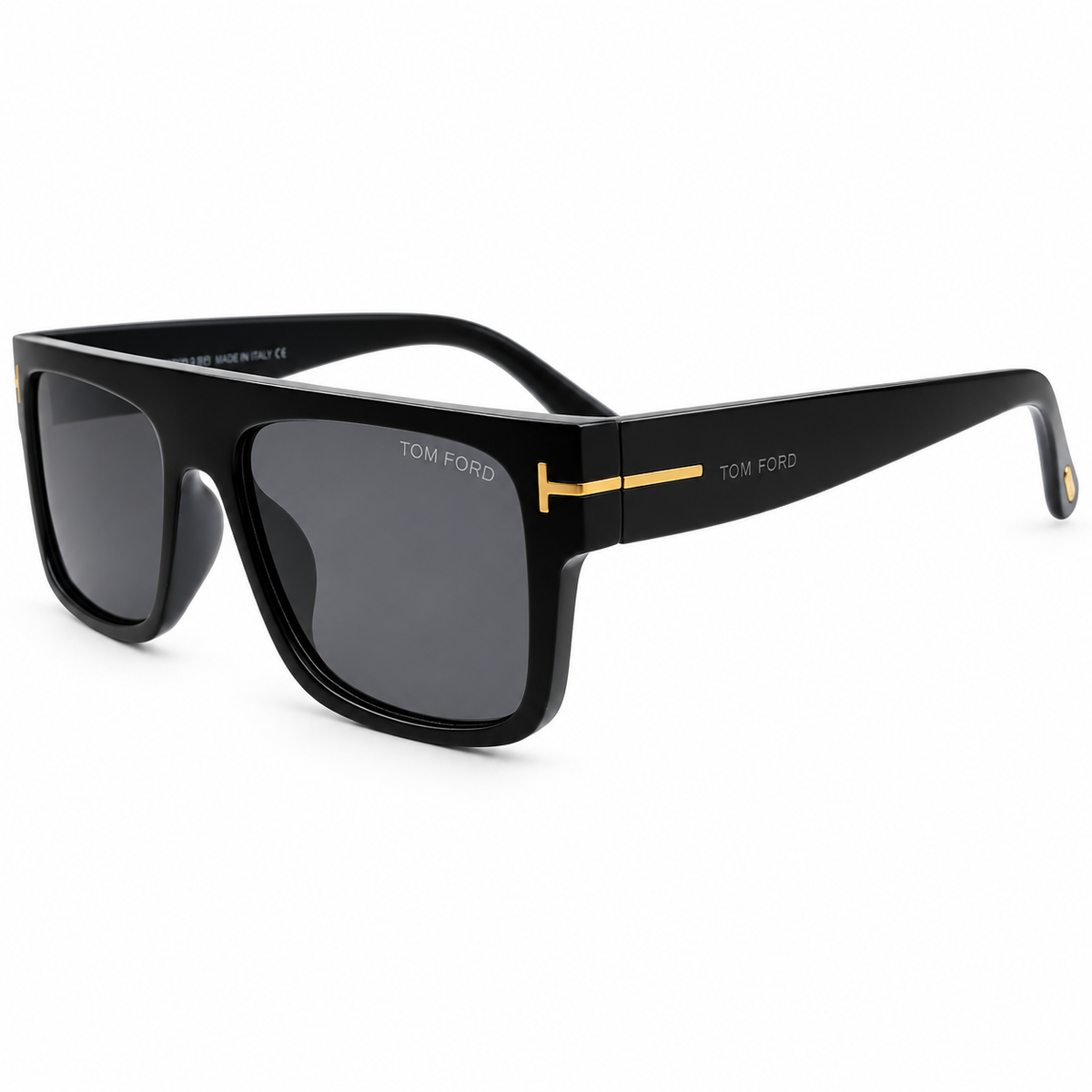 Tom Ford ZP04 Luxury Rectangle Sunglasses - Glossy Black Acetate Frame with Gold "T" Logo Temple Detail & Dark Grey Lenses