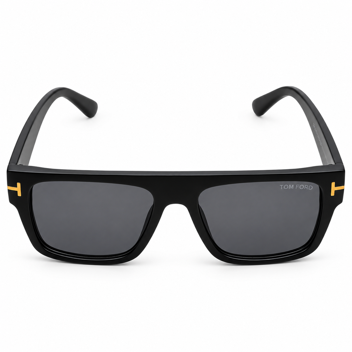 Tom Ford ZP04 Luxury Rectangle Sunglasses - Glossy Black Acetate Frame with Gold "T" Logo Temple Detail & Dark Grey Lenses