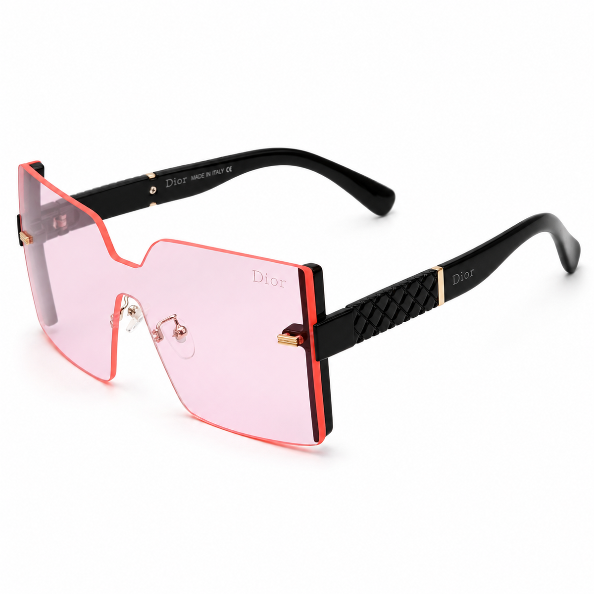 Dior 61005 Luxury Rimless Oversized Square Sunglasses - Black Acetate Frame with Quilted Temple Detail & Light Pink Tinted Lenses