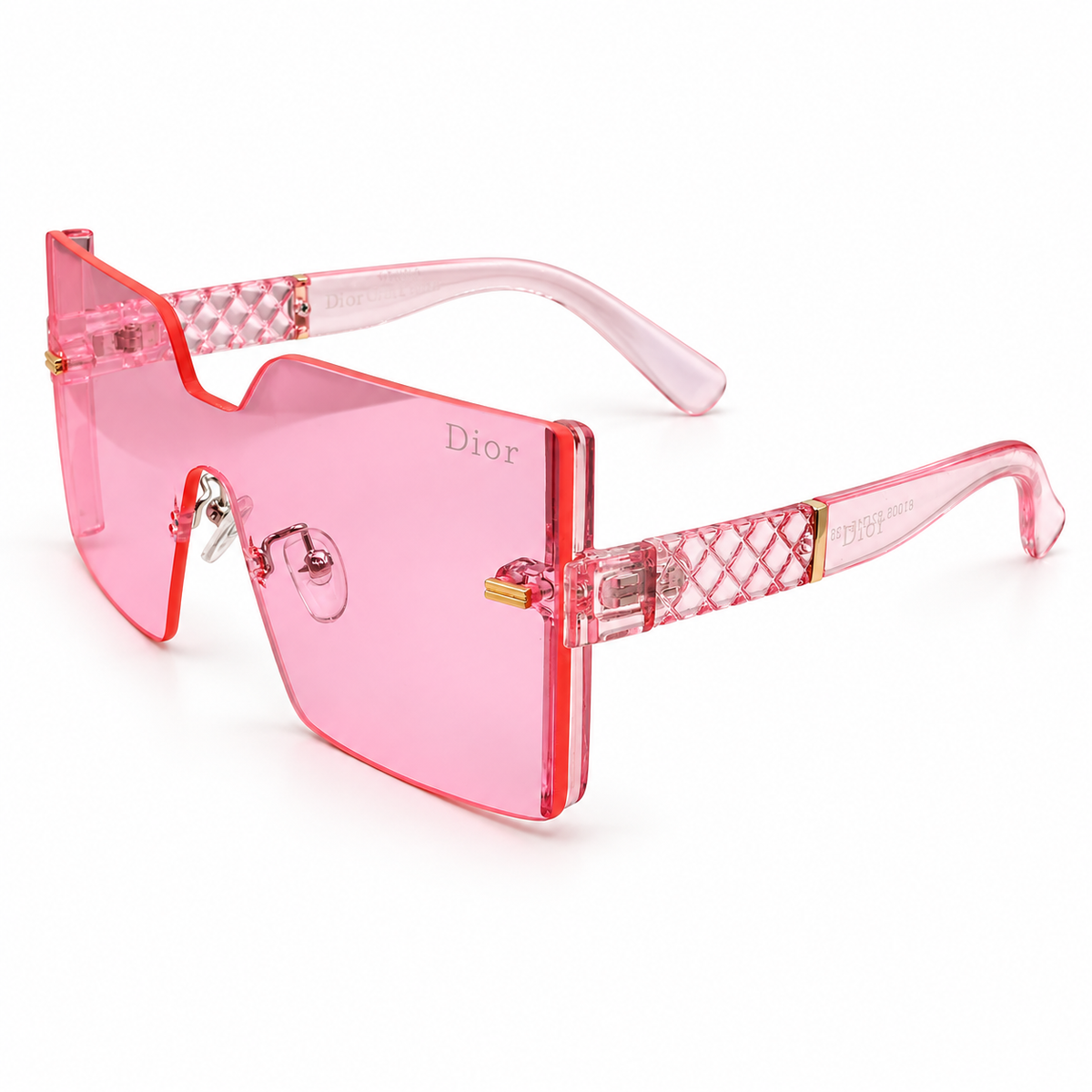 Dior 61005 Luxury Rimless Oversized Square Sunglasses - Hot Pink Acetate Frame with Quilted Temple Detail & Pink Tinted Lenses