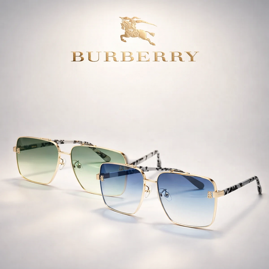 Square sunglasses with gold frames, gradient green and blue lenses, luxury eyewear display