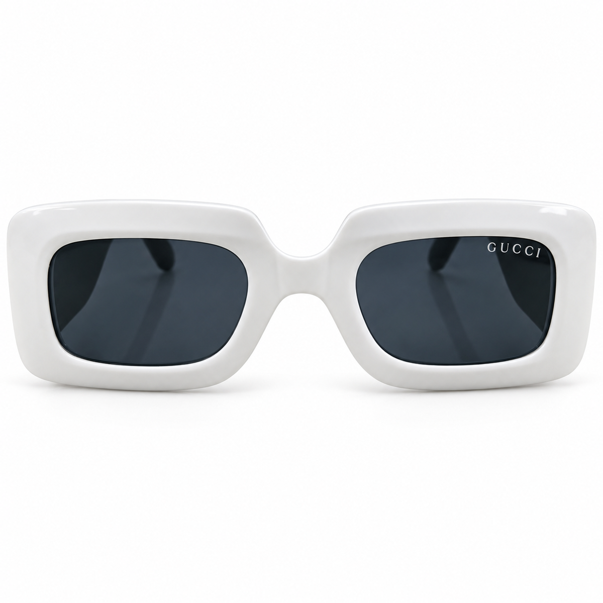 Gucci 9111 Luxury Chunky Rectangle Sunglasses for Men - Glossy White Thick Acetate Frame, Black Temples, Gold GUCCI Temple Logo & Dark Grey Lenses