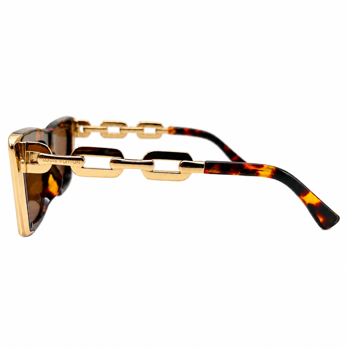 Louis Vuitton 98012 Luxury Cat Eye Sunglasses for Women - Glossy Havana Tortoise Frame, Gold Chain-Link Temples, Gold Corner Trim & Brown Lenses
