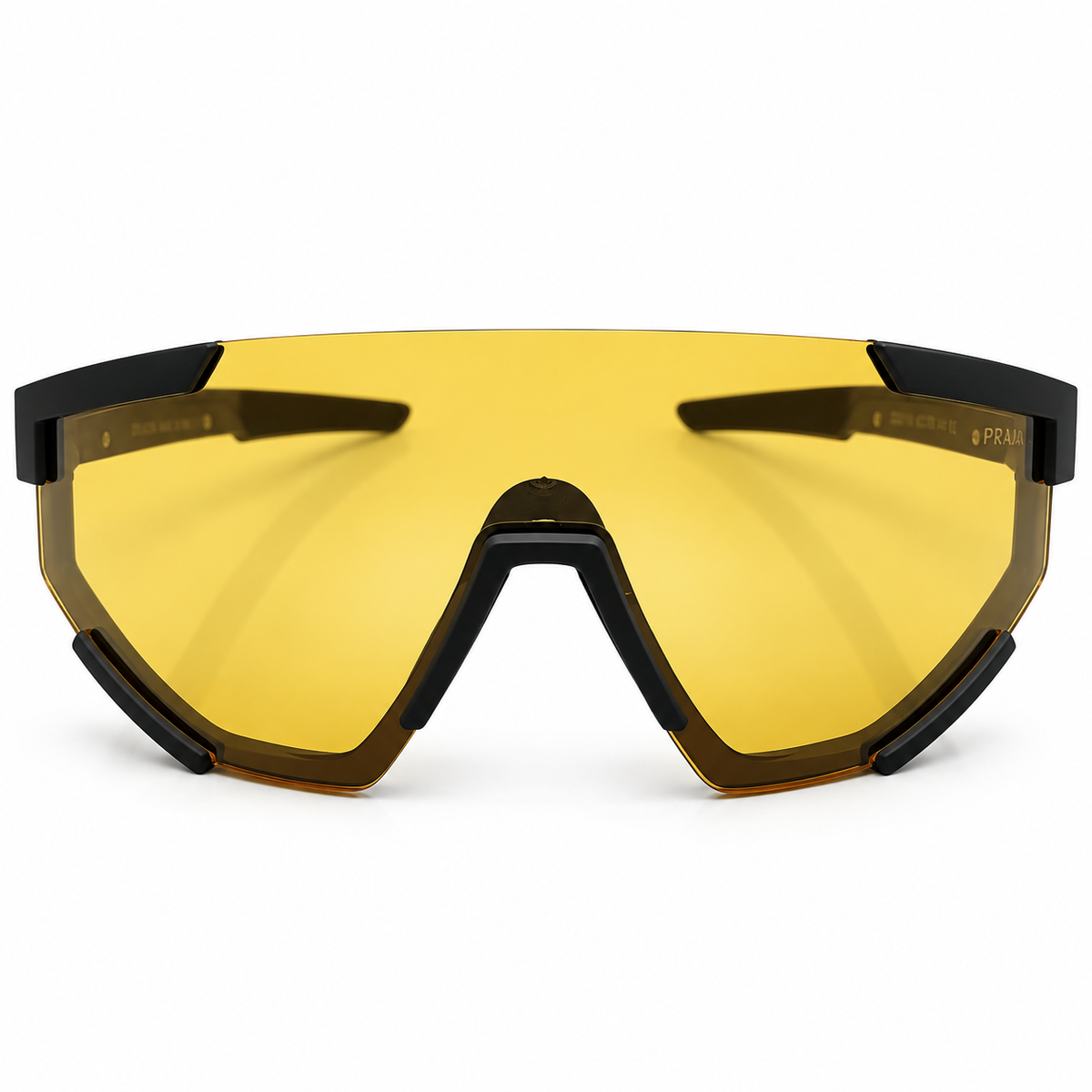 Prada 2316 Luxury Sporty Shield Sunglasses for Men - Matte Black Frame, Red PRADA Linea Rossa Temple Plaque & One-Piece Yellow Amber Lens