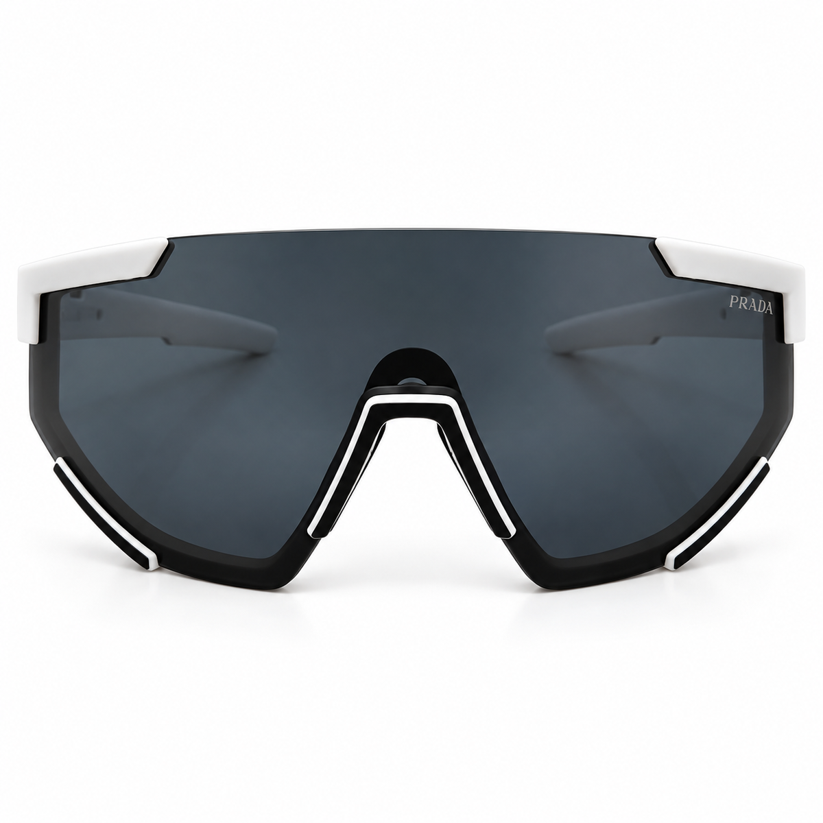Prada 2316 Luxury Sporty Shield Sunglasses for Men - Matte White Frame, Red PRADA Linea Rossa Temple Plaque & One-Piece Dark Grey Lens