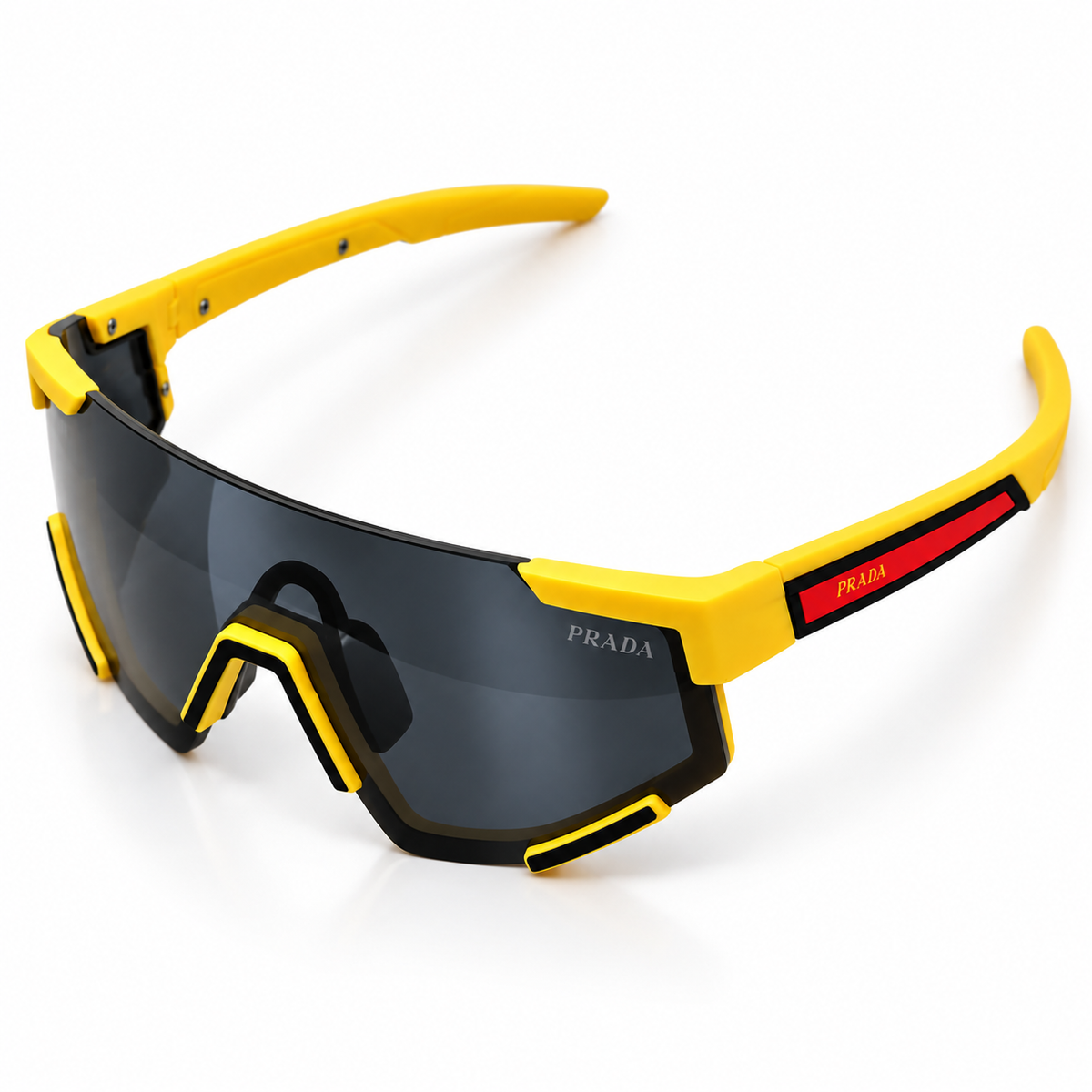 Prada 2316 Luxury Sporty Shield Sunglasses for Men - Matte Yellow Frame, Red PRADA Linea Rossa Temple Plaque & One-Piece Dark Grey Lens
